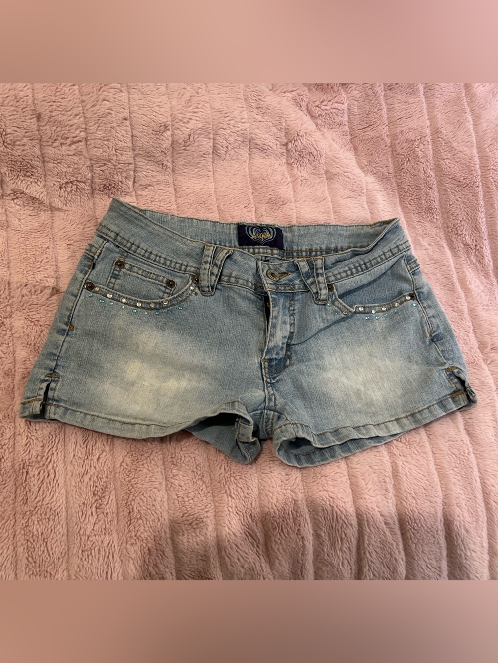 Angels Light Blue Denim Short Shorts with Rhinestone Detail